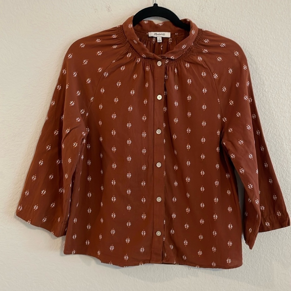 Madewell Women Button Front Top Small Brown 100% Cotton Embroidered Bohemian